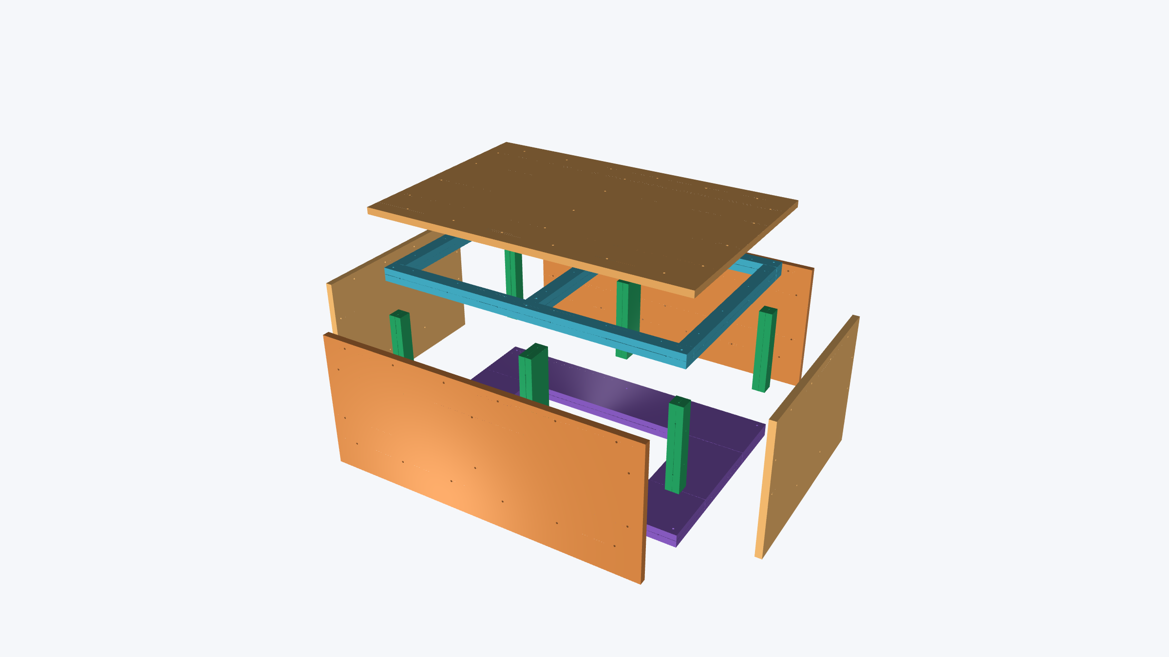 Coffee table: shell, upper frame, posts and laminated lower frame separated to reveal component relationships. Exact wood solids, presentation-only offsets; hardware omitted. Not a fastening sequence.