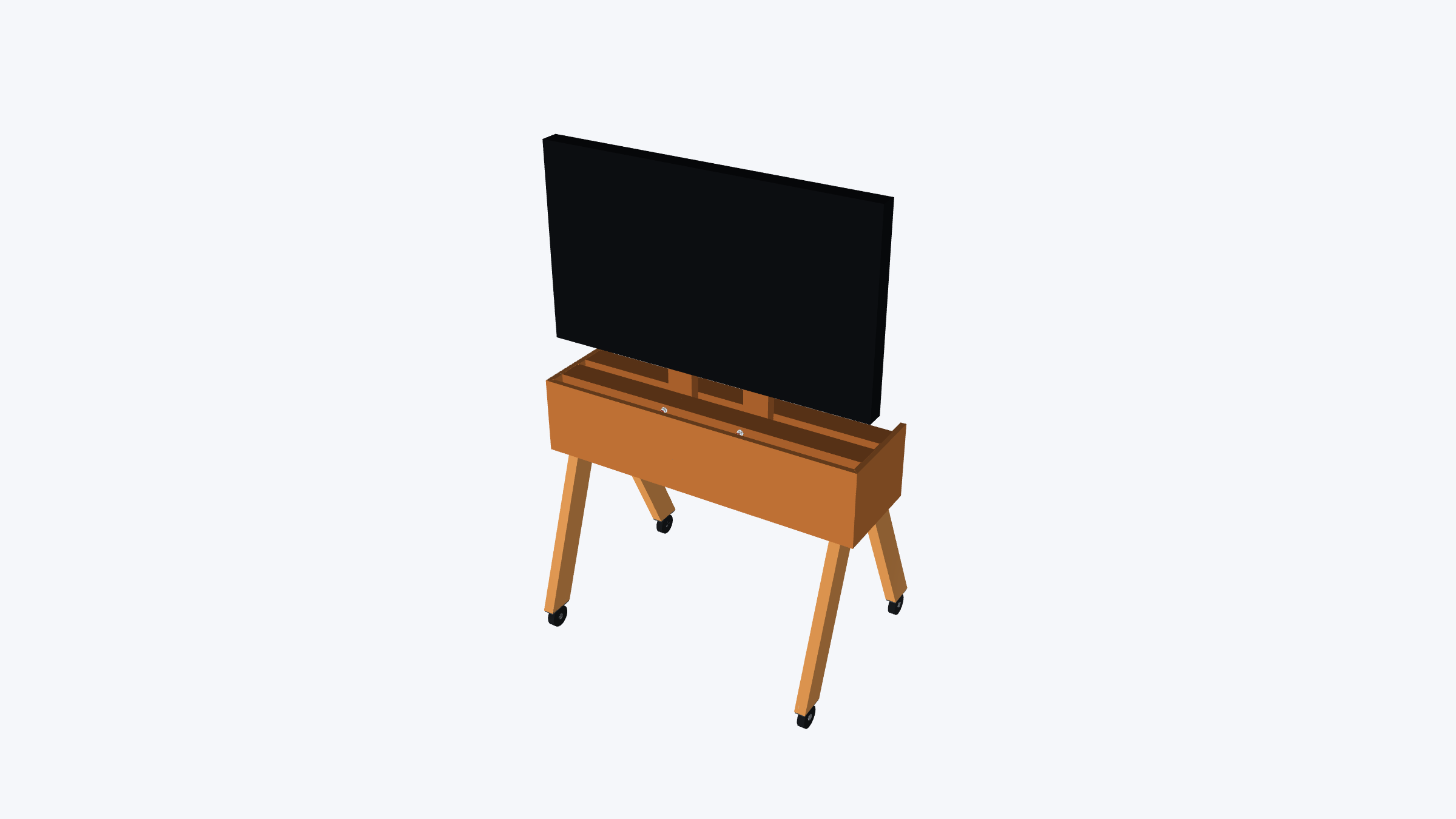 Rolling TV stand: a 44.5-inch console beneath a measured TV envelope. Actual CAD; schematic colors, placeholder TV and caster volumes.