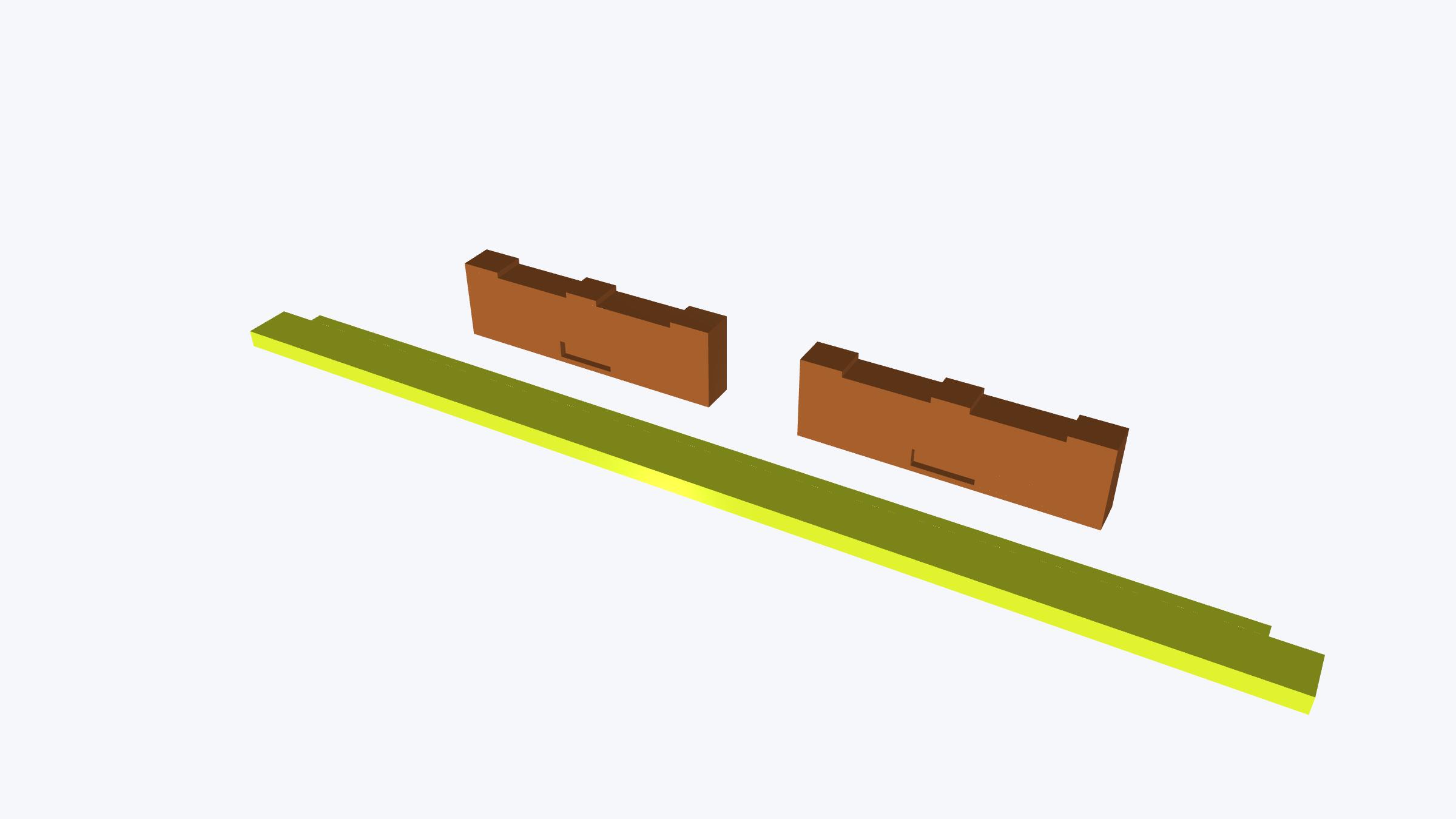 TV stand: EB1/EB2 end beams and BR1 front brace, showing routed seats and notches. Actual final-stage guide geometry; this presentation omits callouts. Use the dimensioned guide for measurements.
